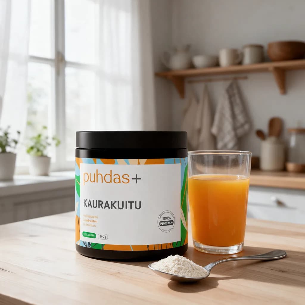 Puhdas+ Kaurakuitu -purkki puisella keittiön pöydällä mehulasin ja ruokalusikallisen jauhetta vieressä