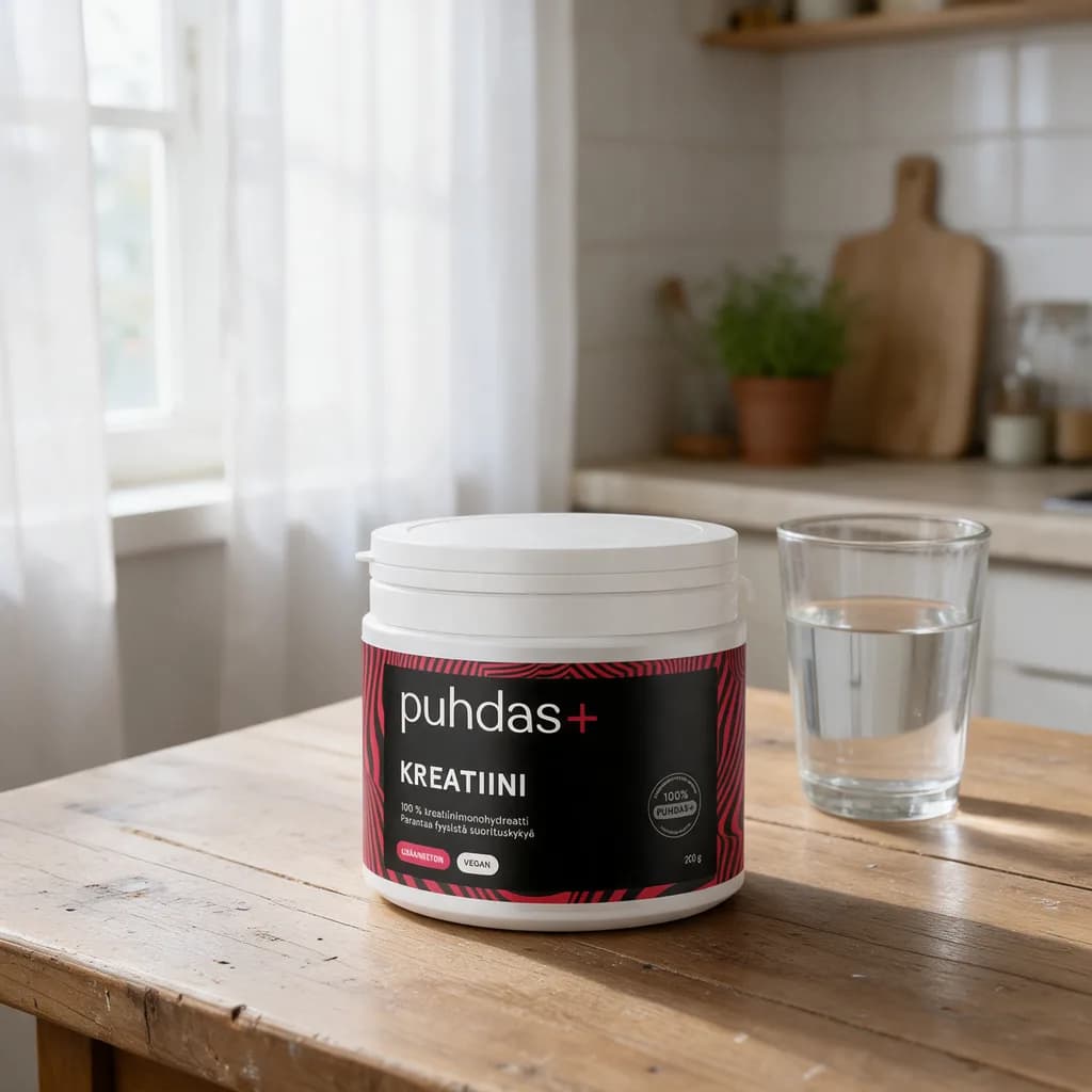 Musta Puhdas+ Kreatiini 200 g -purkki puisella keittiön pöydällä vesilasin vieressä