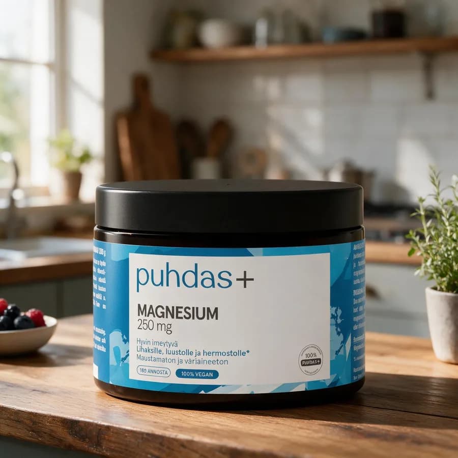 Musta Puhdas+ Magnesium 250 mg -purkki puisella keittiön pöydällä