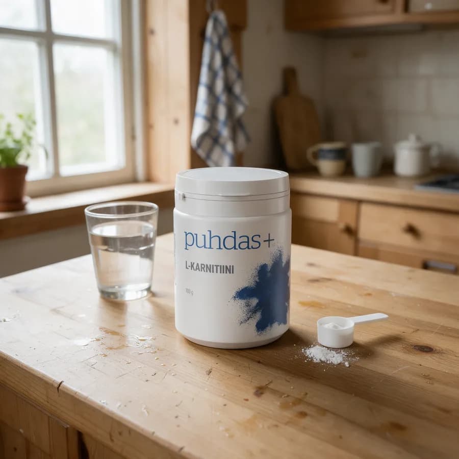 Puhdas+ L-karnitiini -purkki puisella keittiötasolla vesilasin ja pienen mittalusikan vieressä
