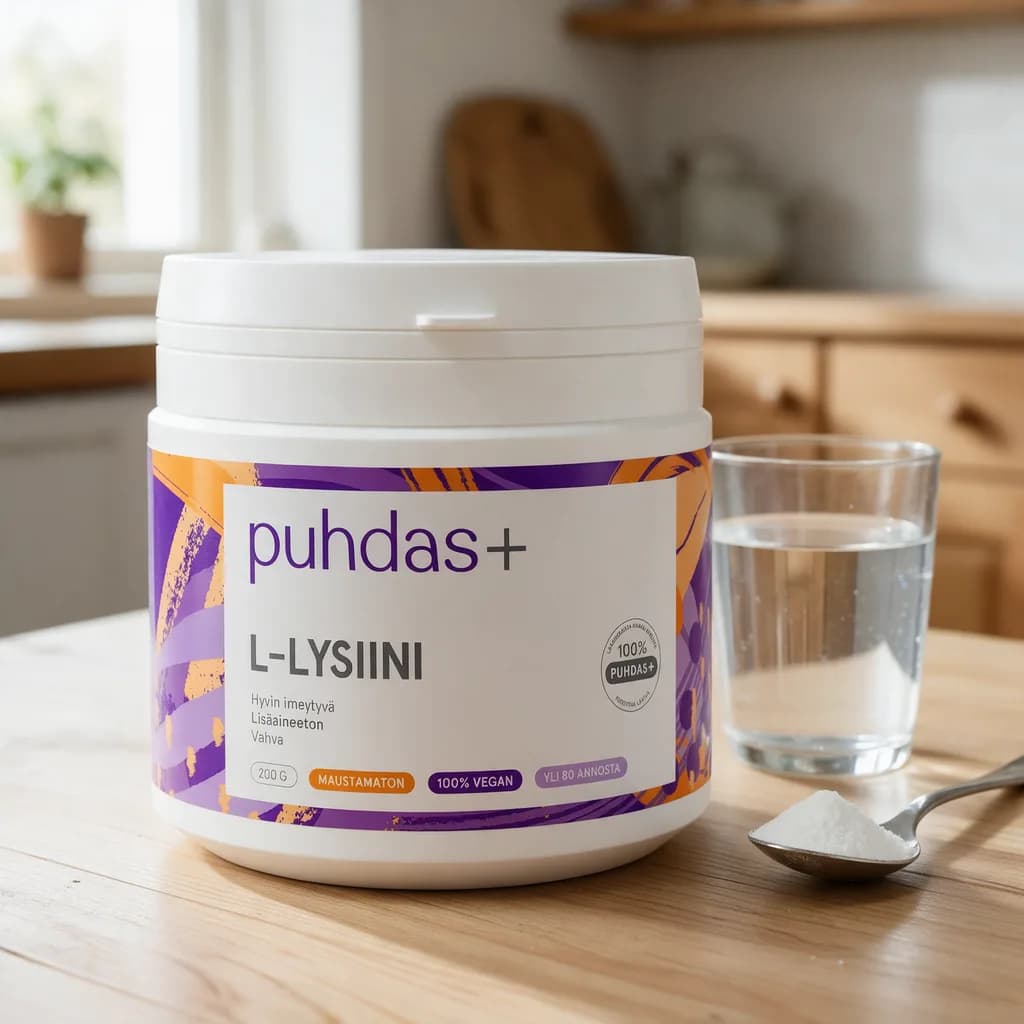 Valkoinen Puhdas+ L-Lysiini -jauhepurkki violetilla ja oranssilla etiketillä puisella keittiön pöydällä, vieressä vesilasi ja teelusikka