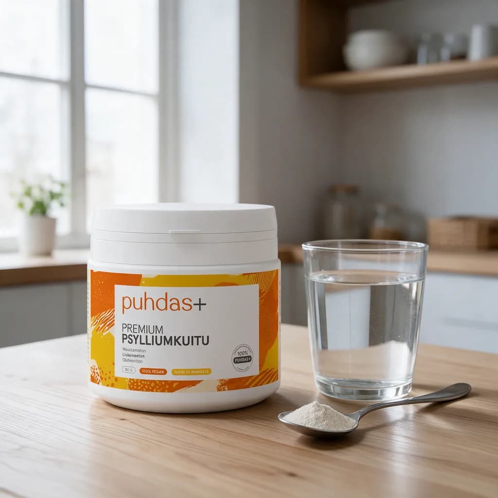 Puhdas+ Premium Psyllium -purkki puisella keittiön pöydällä vesilasin ja teelusikallisen jauhetta vieressä