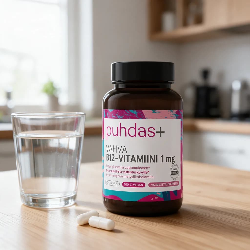 Tummanruskea Puhdas+ Vahva B12-vitamiini -purkki puisella keittiön pöydällä vesilasin ja kahden valkoisen kapselin vieressä
