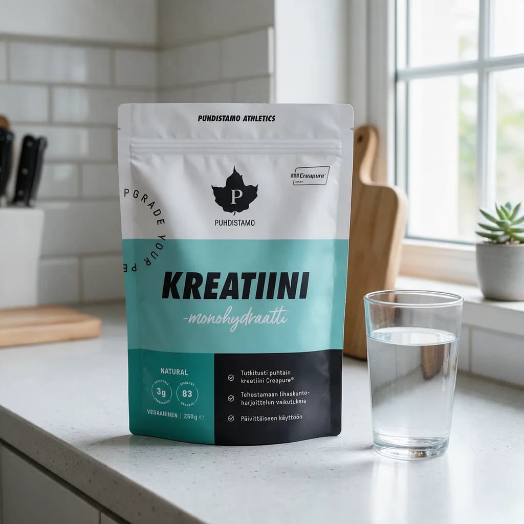 Vaalea Puhdistamo Athletics Kreatiini -pussi puisella keittiön pöydällä vesilasin vieressä