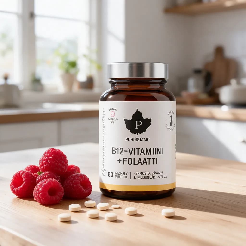 Ruskea Puhdistamo B12-vitamiini + Folaatti -lasipurkki puisella keittiön pöydällä vadelmien ja muutaman pienen tabletin vieressä