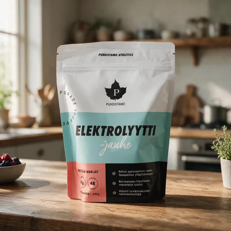 Valkoinen Puhdistamo Elektrolyyttijauhe -pussi turkoosilla ja punaisella kaistalla puisella keittiön pöydällä