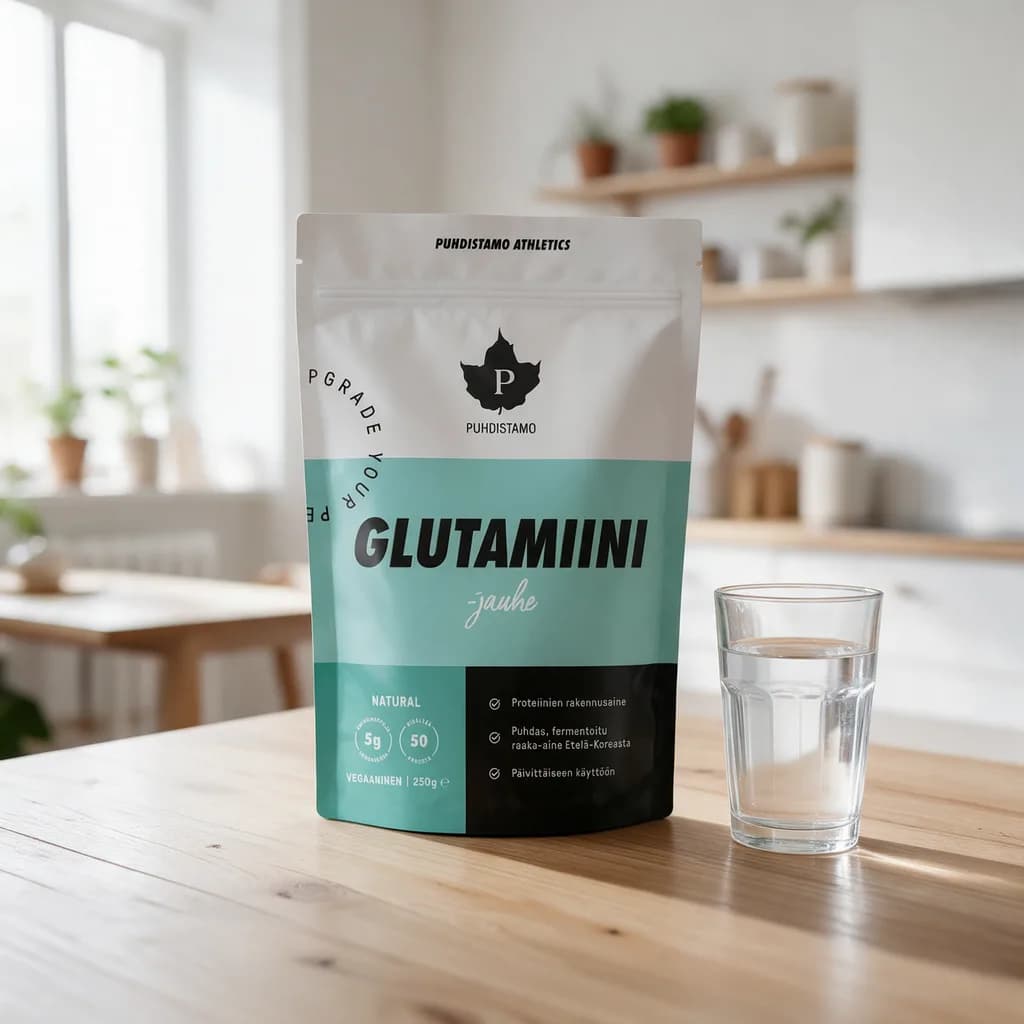 Valkoinen ja turkoosi Puhdistamo Glutamiini -jauhepussi puisella keittiön pöydällä vesilasin vieressä