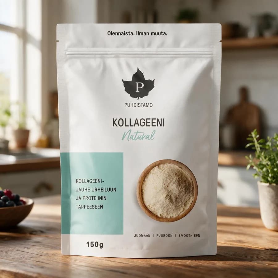 Valkoinen Puhdistamo Kollageeni Natural -pussi ja lusikallinen vaaleaa jauhetta puisella pöydällä