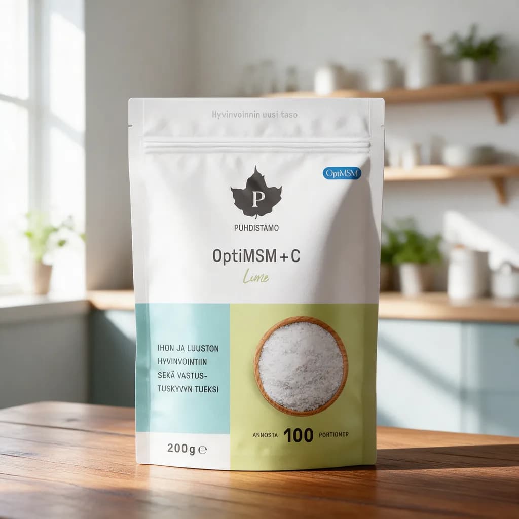 Valkoinen ja limenvihreä Puhdistamo OptiMSM+C Lime -jauhepussi puisella keittiön pöydällä