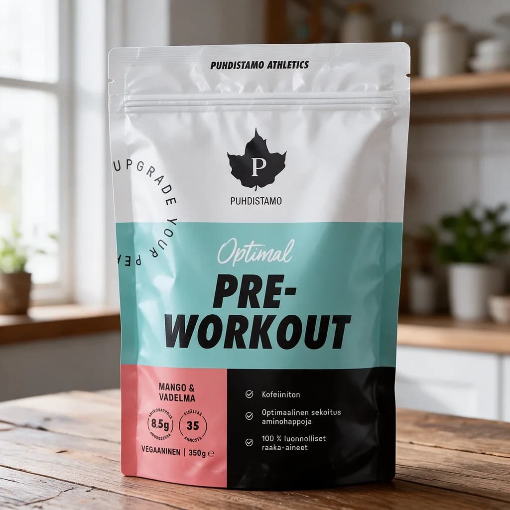 Puhdistamo Optimal Pre-Workout -pussi, valkoinen, turkoosi ja korallinpunainen, puisella keittiön pöydällä