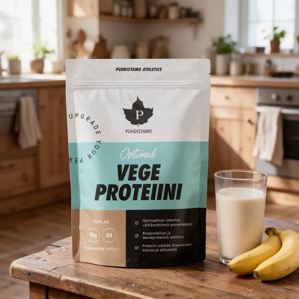 Puhdistamo Optimal Vege Proteiini Suklaa -pussi puisella keittiön pöydällä kaurajuomalasin ja banaanien vieressä