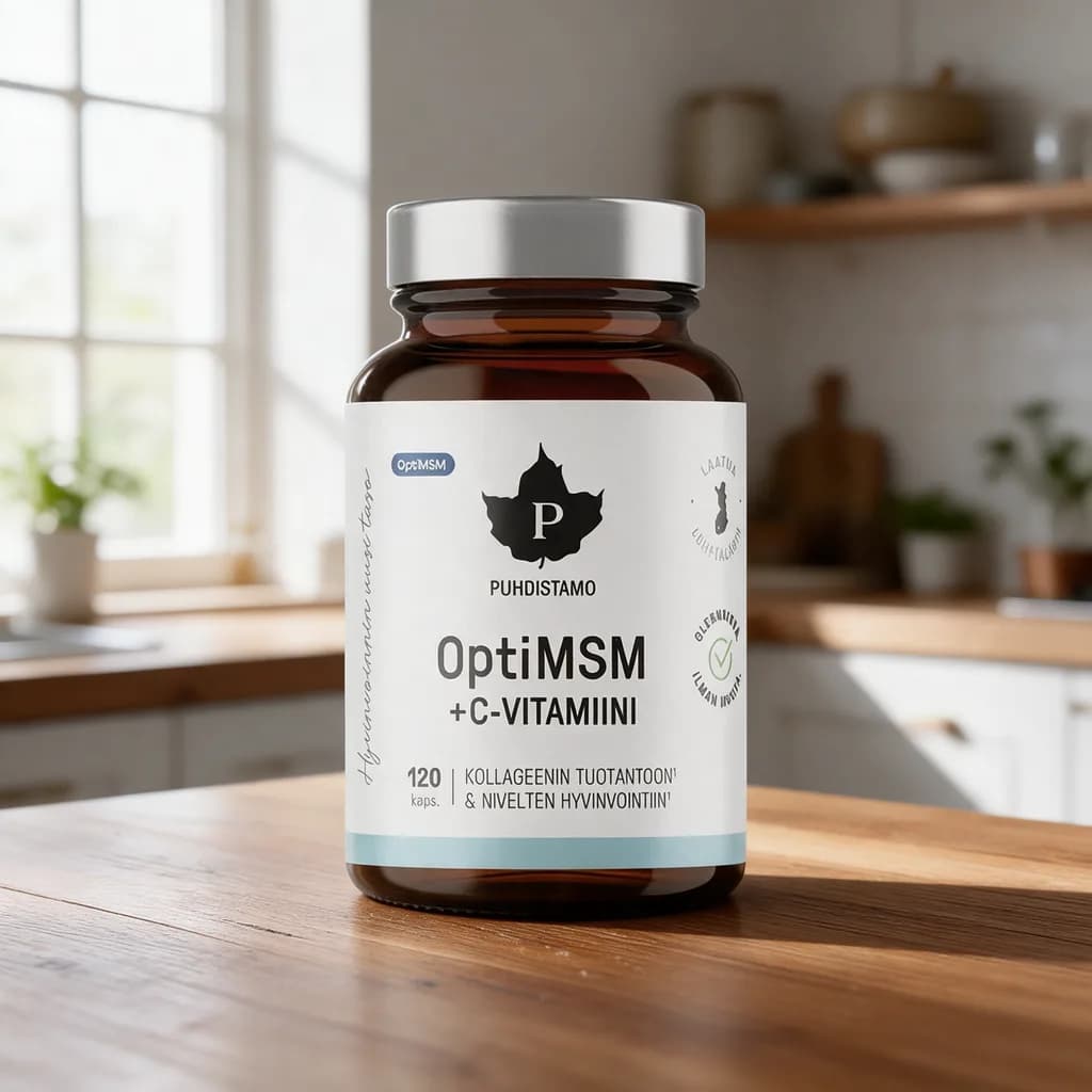 Ruskea Puhdistamo OptiMSM + C-vitamiini -kapselipurkki hopeanvärisellä kannella puisella keittiön pöydällä