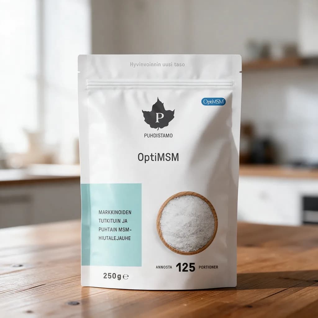 Valkoinen Puhdistamo OptiMSM -jauhepussi puisella keittiön pöydällä