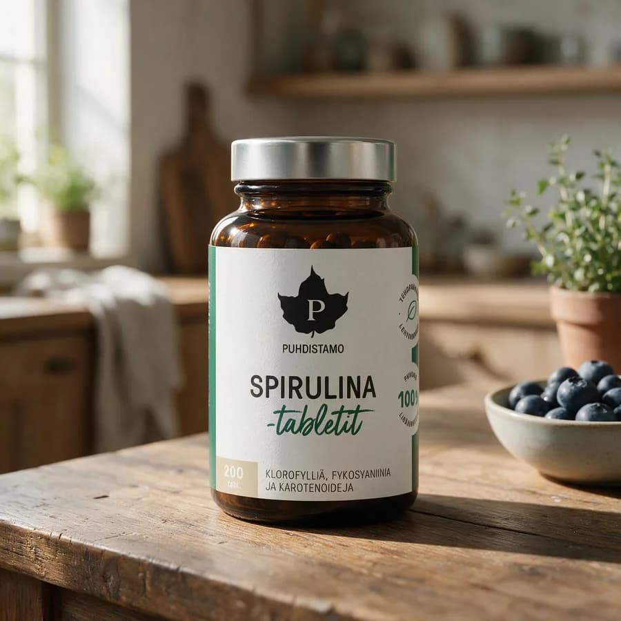 Ruskea Puhdistamo Spirulina -tablettipurkki hopeanvärisellä kannella puisella keittiön pöydällä