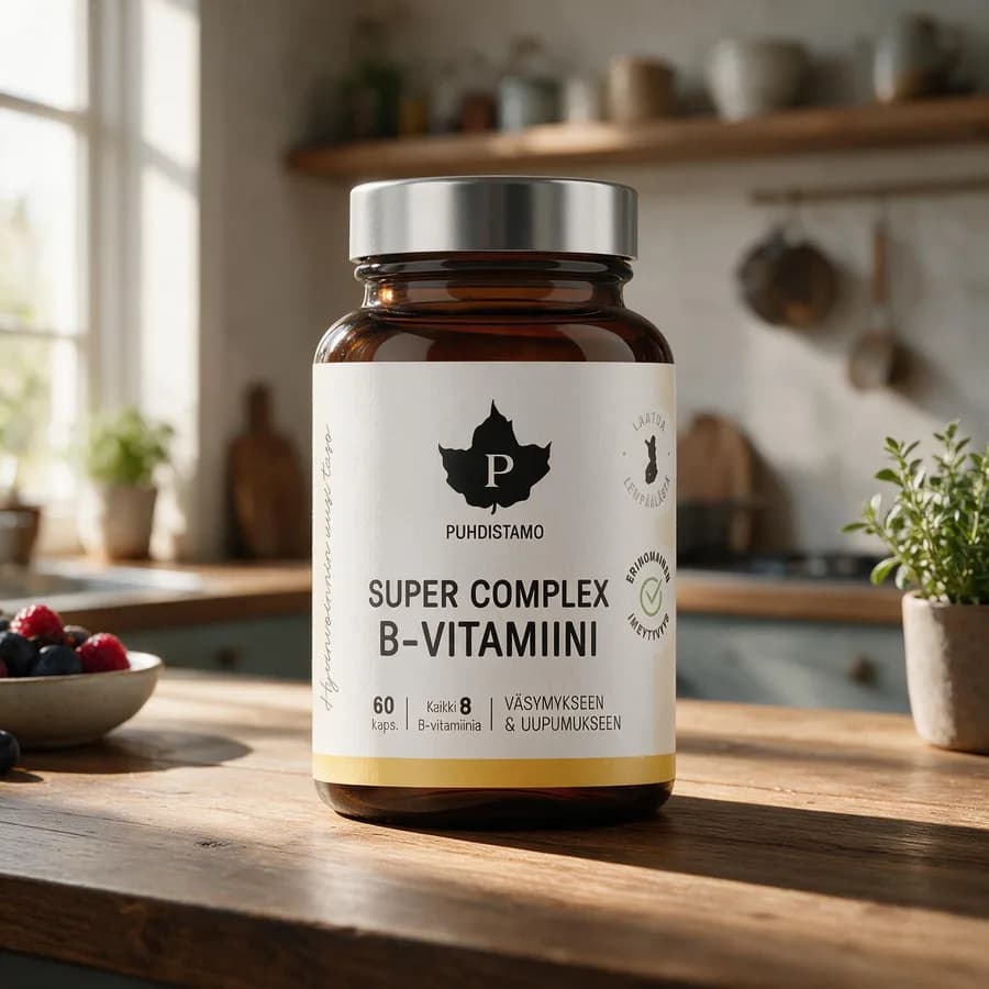 Puhdistamo Super Complex B-vitamiini -purkki puisella keittiön pöydällä