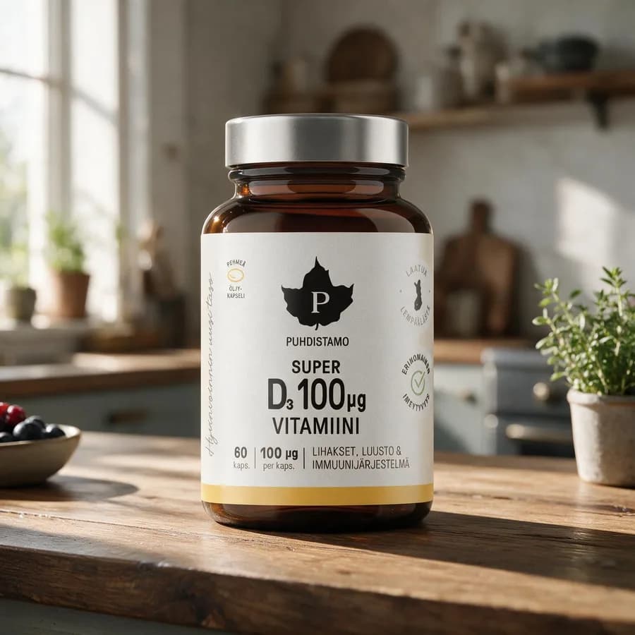 Puhdistamo Super D-vitamiini -lasipurkki keittiön puupöydällä ikkunan edessä