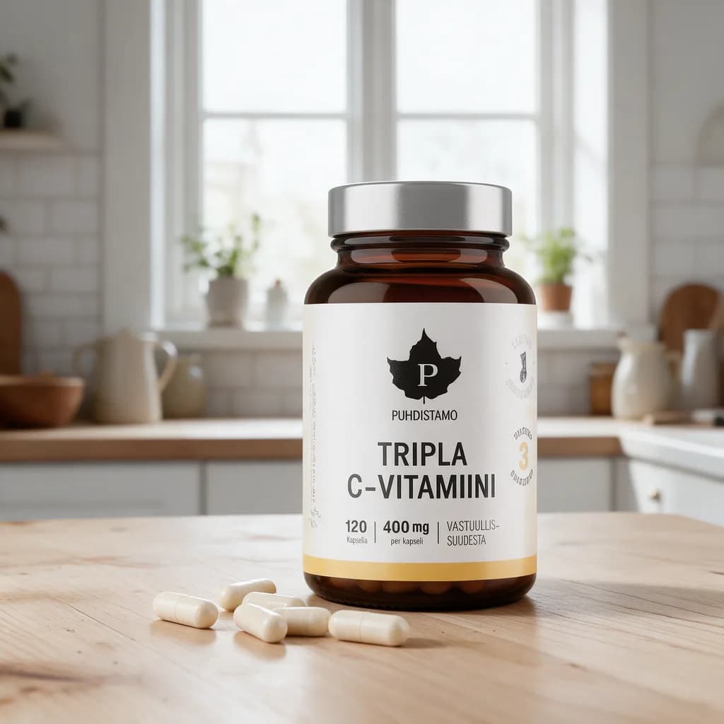 Ruskea Puhdistamo Tripla C-vitamiini -lasipurkki valkoisella etiketillä puisella keittiön pöydällä, edessä vaaleita kapseleita