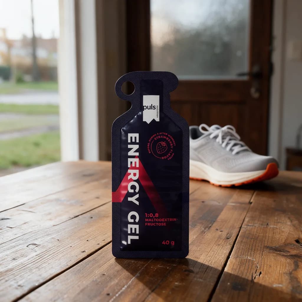 Tummansininen Puls Energy Gel Strawberry -pussi puisella keittiön pöydällä