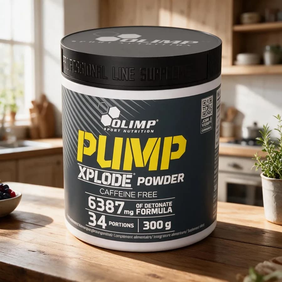 Tummanharmaa Olimp Pump Xplode Powder -purkki keltaisella PUMP-tekstillä puisella keittiön pöydällä