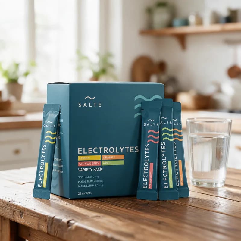 Petroolinsininen SALTE Electrolytes Variety Pack -laatikko ja neljä annospussia puisella keittiön pöydällä