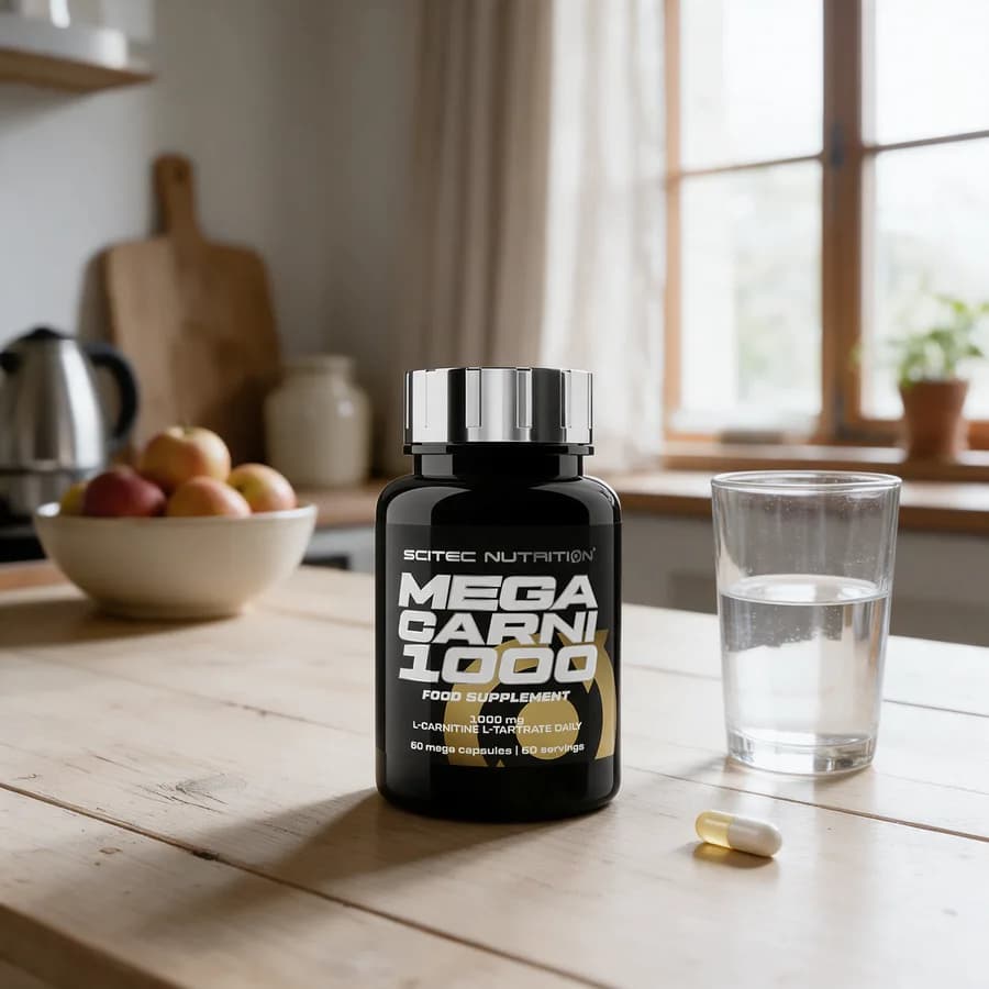 Scitec Nutrition Mega Carni 1000 -purkki keittiön pöydällä vesilasin ja yhden kapselin vieressä