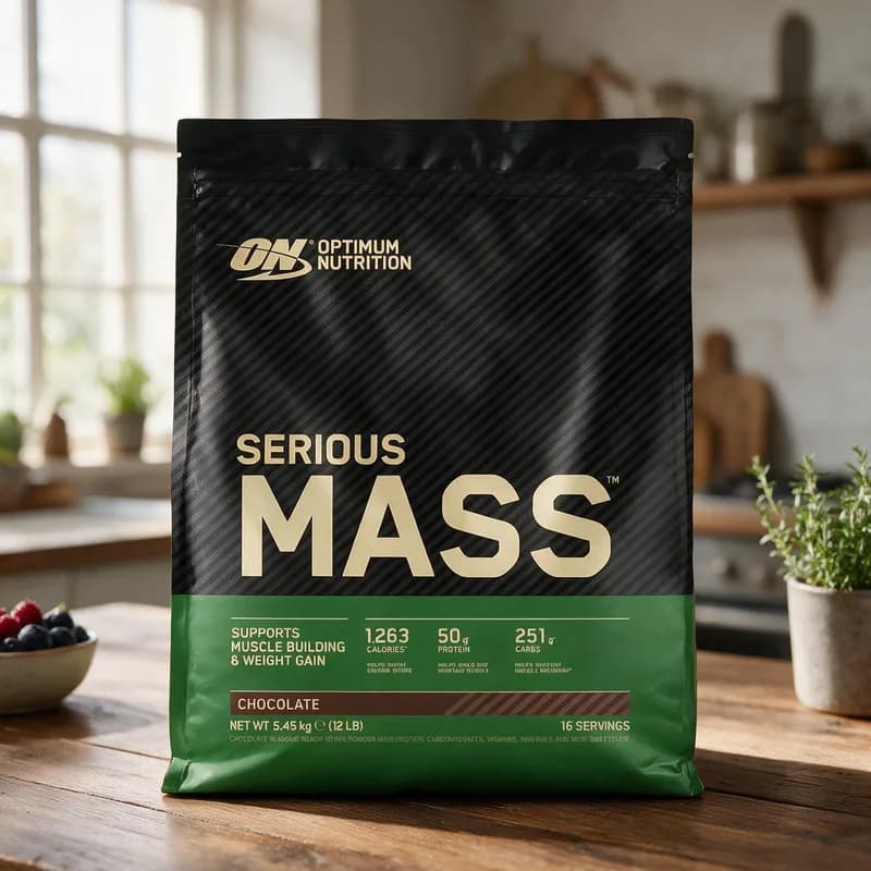 Optimum Nutrition Serious Massin suklaapussi puisella keittiön pöydällä