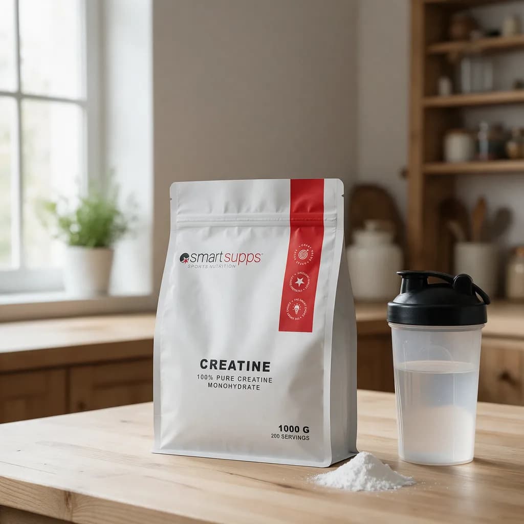Valkoinen SmartSupps Creatine 1000 g -pussi puisella keittiön pöydällä shakerin vieressä