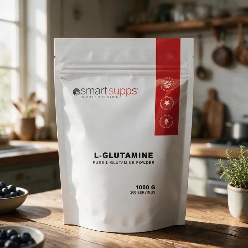 Valkoinen SmartSupps L-Glutamine -pussi punaisella raidalla puisella keittiön pöydällä