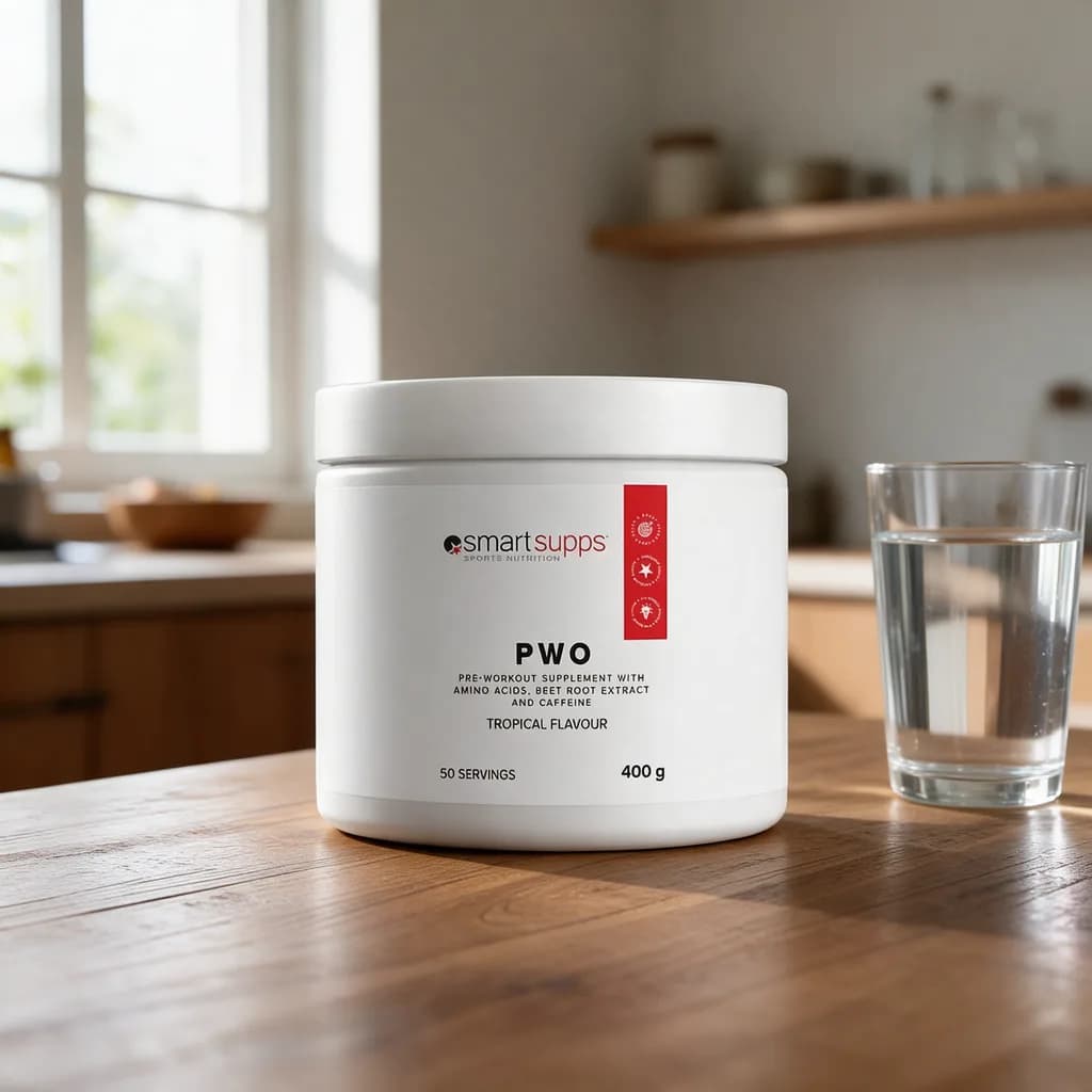 Valkoinen SmartSupps PWO -purkki punaisella raidalla puisella keittiön pöydällä vesilasin vieressä