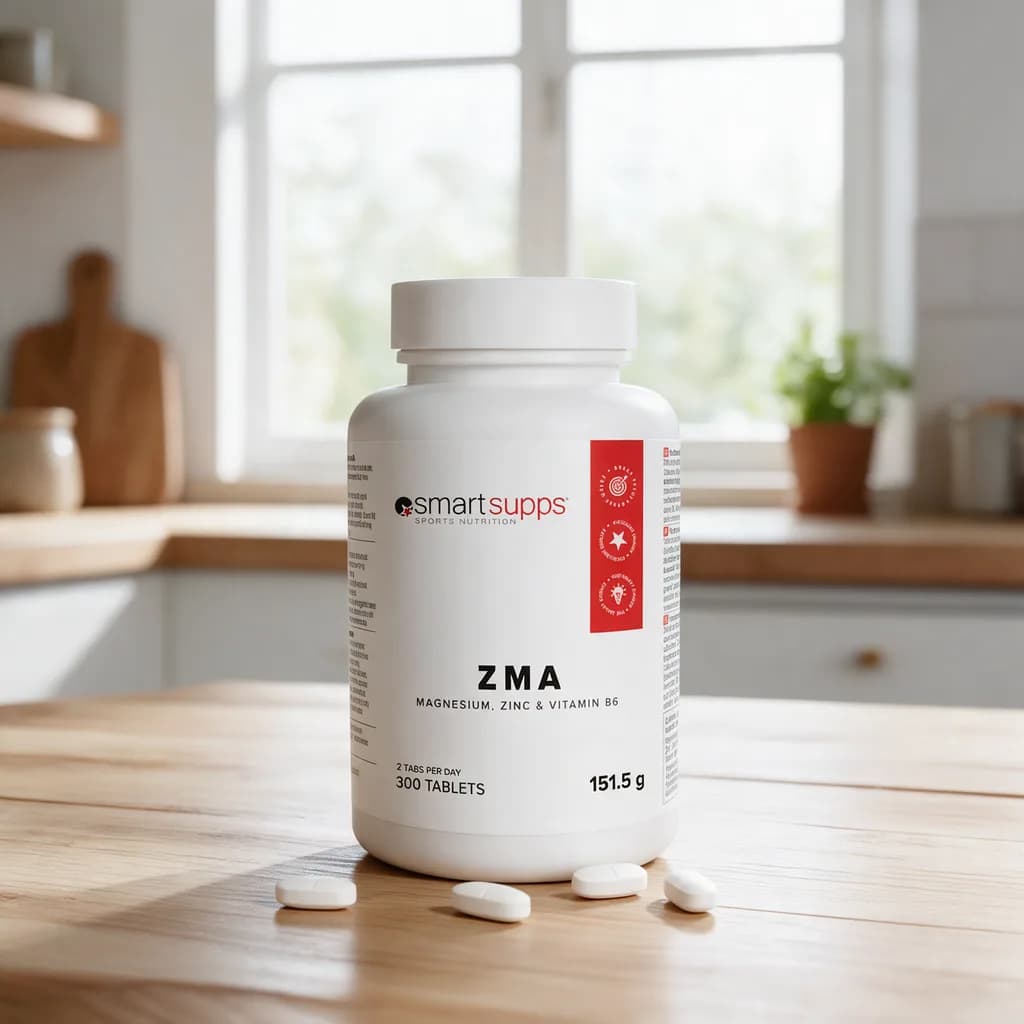 Valkoinen SmartSupps ZMA -purkki puisella keittiön pöydällä, edessä muutama pieni valkoinen tabletti