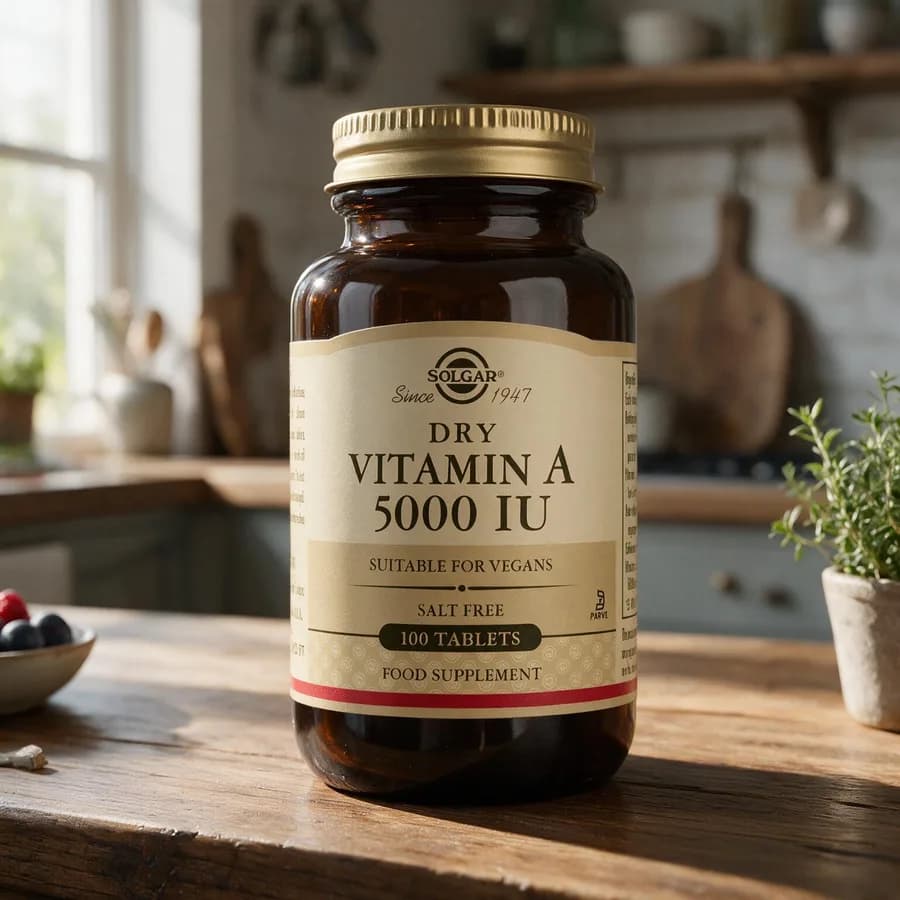 Ruskea Solgar Dry Vitamin A 5000 IU -lasipurkki kultaisella kannella ja beigellä etiketillä puisella keittiön pöydällä
