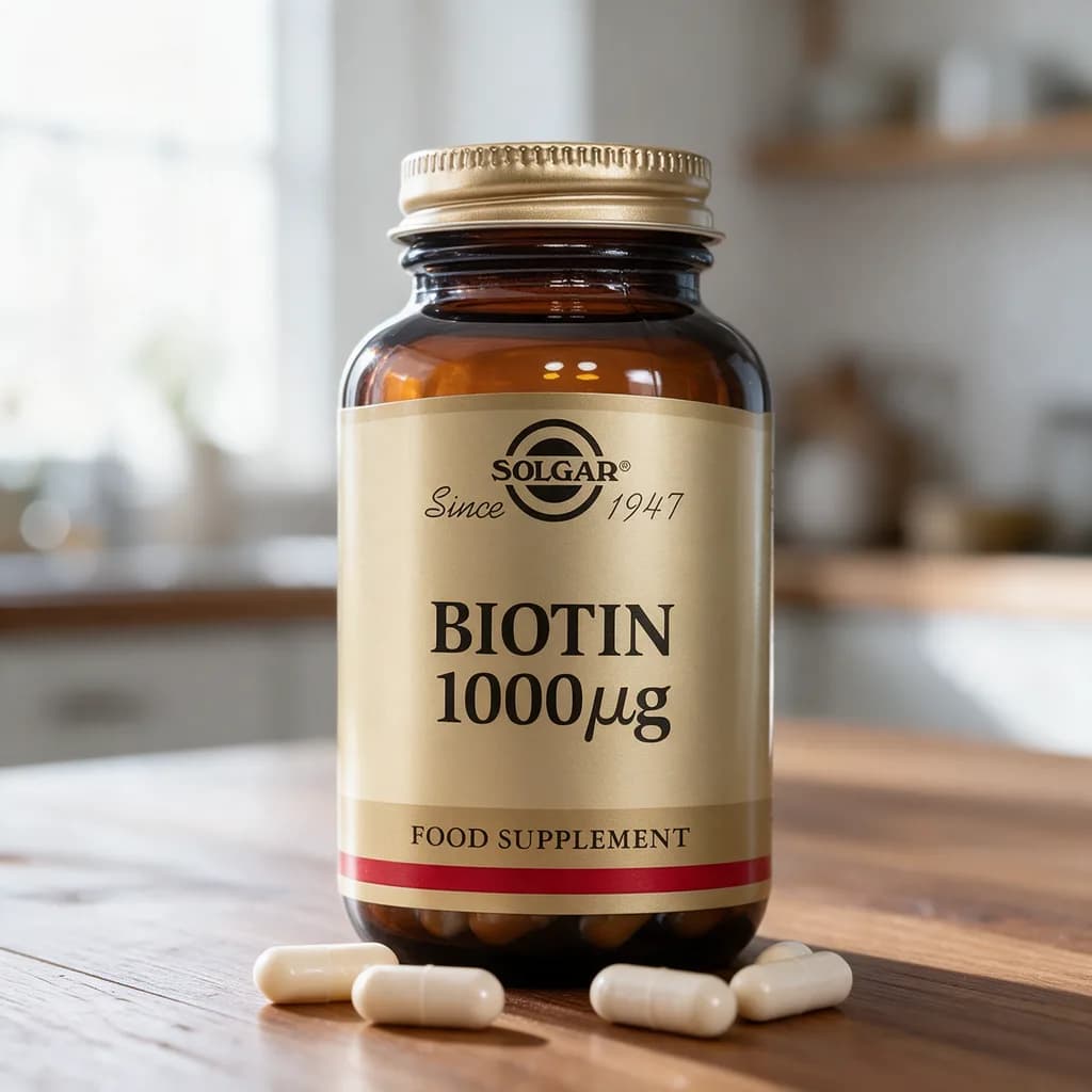 Ruskea Solgar Biotin 1000 µg -lasipurkki kultaisella kannella ja beigellä etiketillä puisella keittiön pöydällä, edessä muutama kapseli