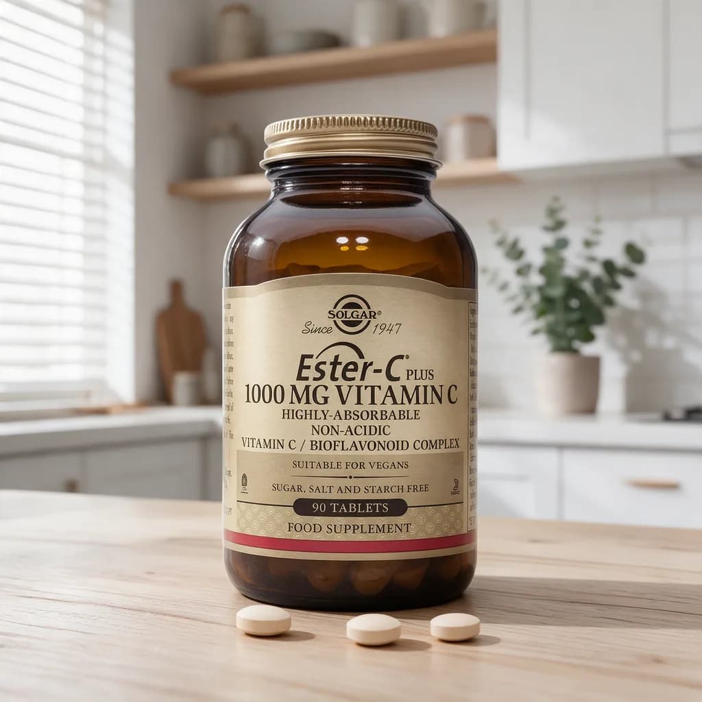 Ruskea Solgar Ester-C Plus 1000 mg -lasipurkki kultaisella etiketillä puisella keittiön pöydällä, edessä vaaleita tabletteja