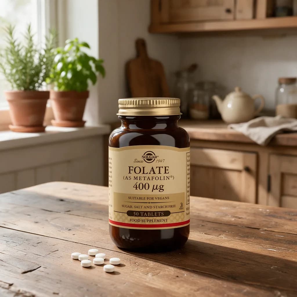 Ruskea Solgar Folate Metafolin -lasipurkki kultaisella kannella puisella keittiön pöydällä, edessä muutama pieni tabletti