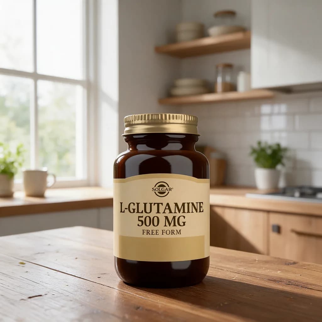 Ruskea Solgar L-Glutamine 500 mg -lasipurkki kullanvärisellä etiketillä puisella keittiön pöydällä