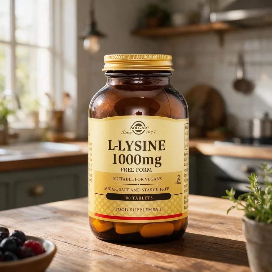 Ruskea Solgar L-Lysine 1000 mg -lasipurkki kullanvärisellä kannella ja keltaisella etiketillä puisella keittiön pöydällä, edessä kulhollinen marjoja