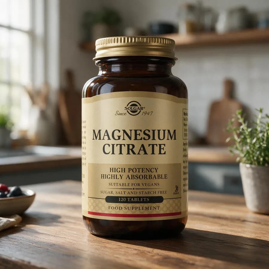 Ruskea Solgar Magnesium Citrate -lasipurkki kultaisella kannella puisella keittiön pöydällä