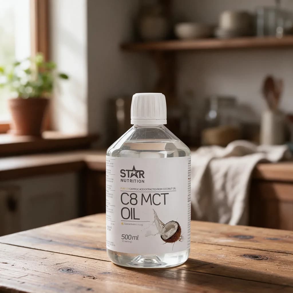 Kirkas Star Nutrition C8 MCT Oil -muovipullo valkoisella etiketillä ja kookoskuvalla puisella keittiön pöydällä