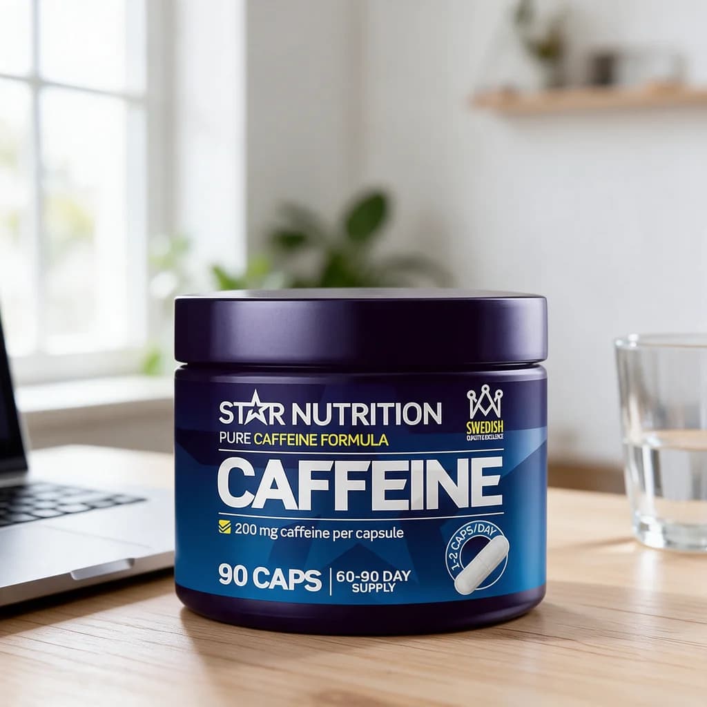 Star Nutrition Caffeine 200 mg -purkki puisella keittiön pöydällä vesipullon ja avatun kapselin vieressä