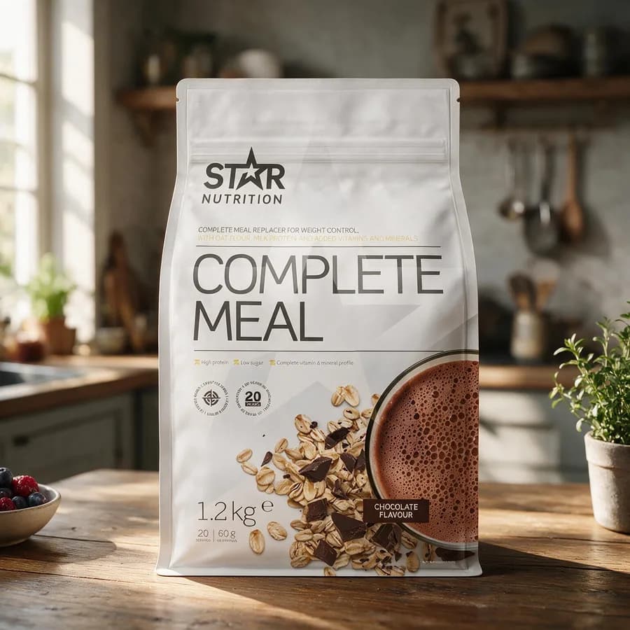 Star Nutrition Complete Meal Chocolate -pussi puisella keittiön pöydällä, vieressä marjakulho ja yrttiruukku