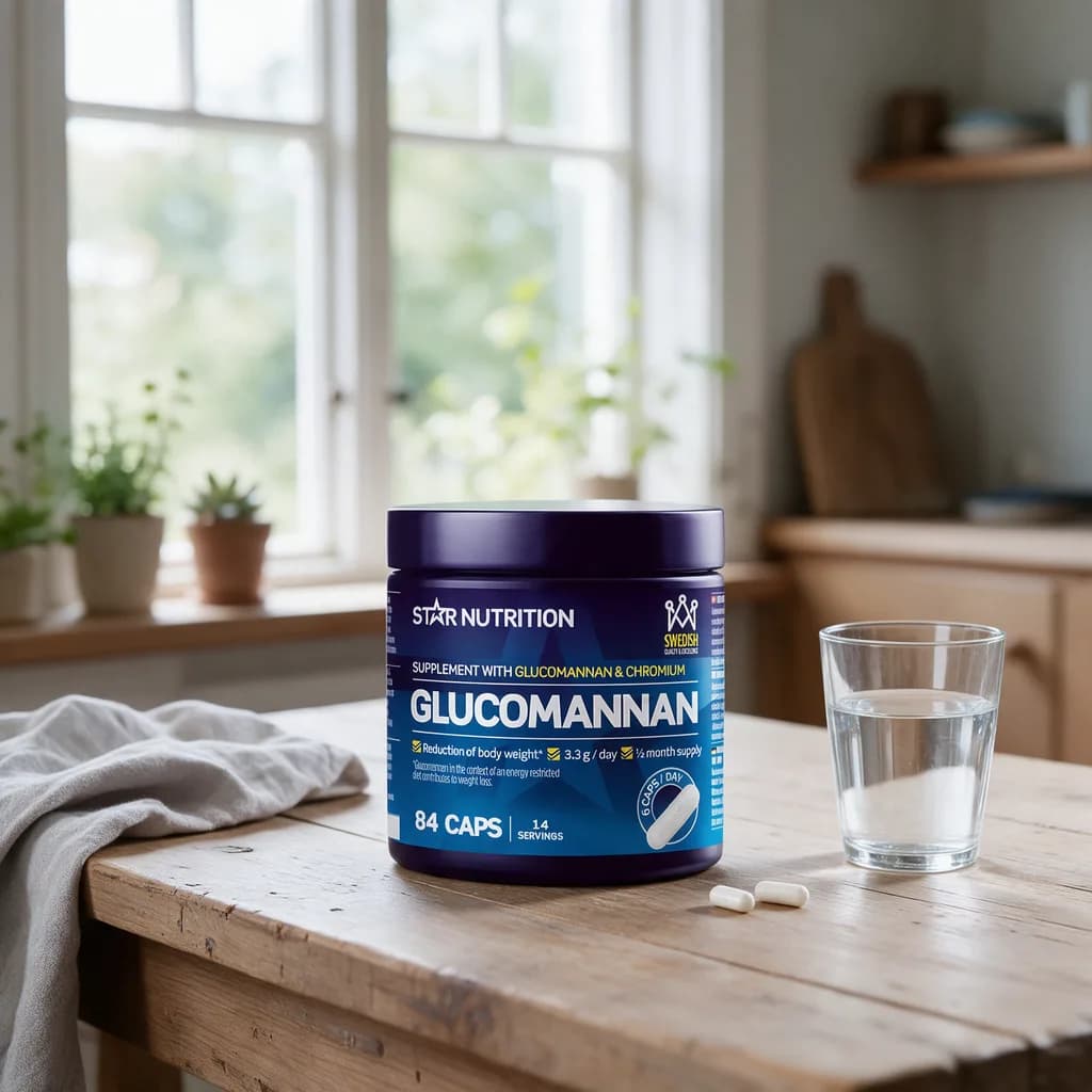 Star Nutrition Glucomannan -purkki puisella keittiön pöydällä vesilasin ja kahden kapselin vieressä