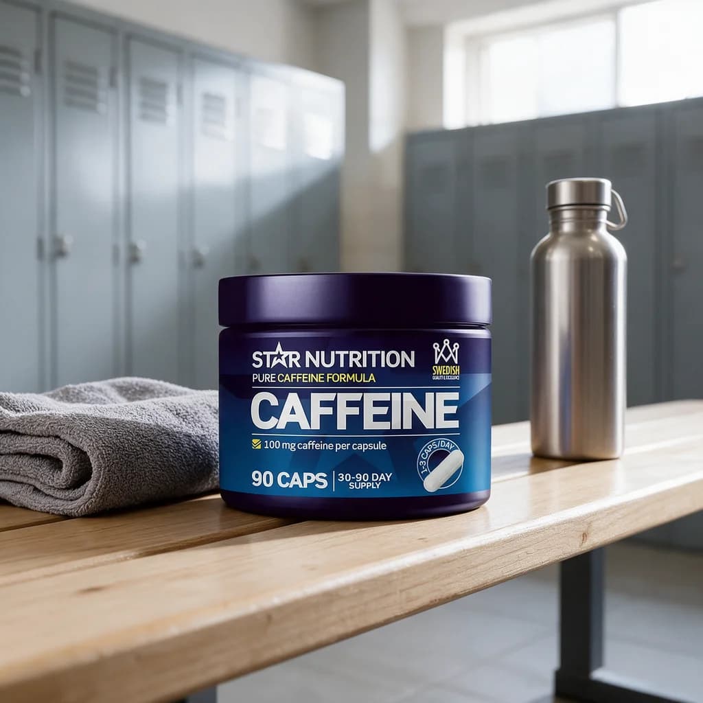Tummansininen Star Nutrition Caffeine 100 mg -purkki puisella keittiön pöydällä, edessä kaksi valkoista kapselia