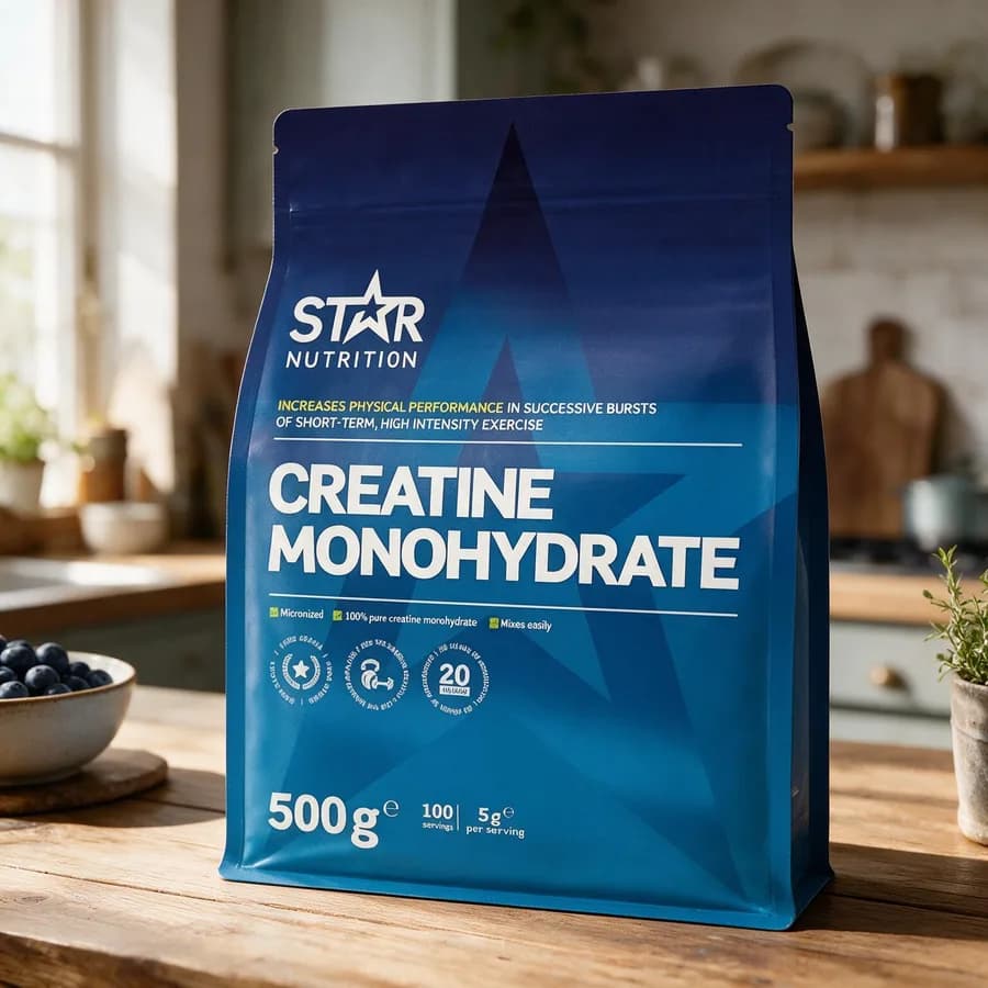 Sininen Star Nutrition Creatine Monohydrate 500 g -pussi puisella keittiön pöydällä