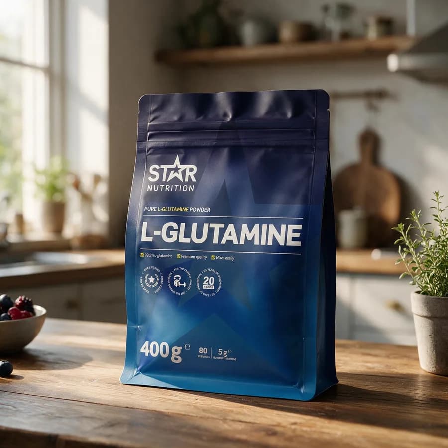 Sininen Star Nutrition L-Glutamine -pussi puisella keittiön pöydällä