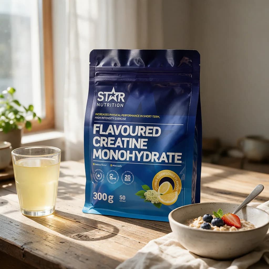 Sininen Star Nutrition Flavoured Creatine Monohydrate -pussi ja lasi keltaista juomaa puisella keittiön pöydällä