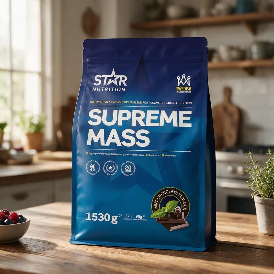 Star Nutrition Supreme Massin minttusuklaapussi puisella keittiön pöydällä marjakulhon vieressä