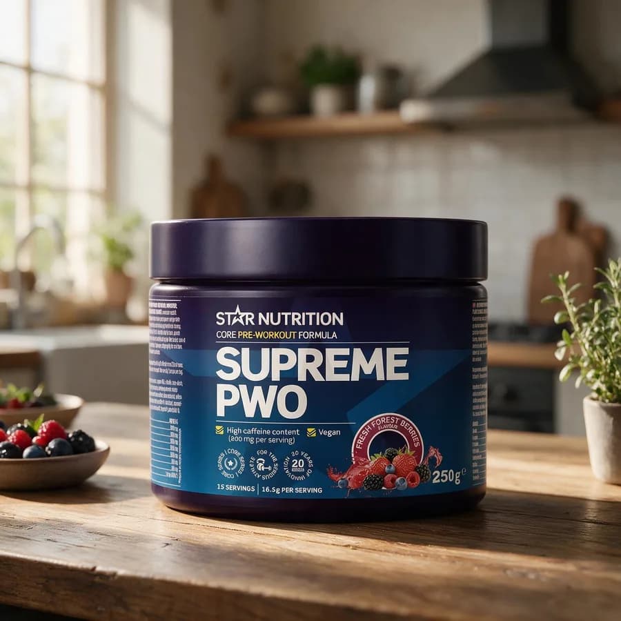 Tummansininen Star Nutrition Supreme PWO -purkki puisella keittiön pöydällä, taustalla kulho marjoja