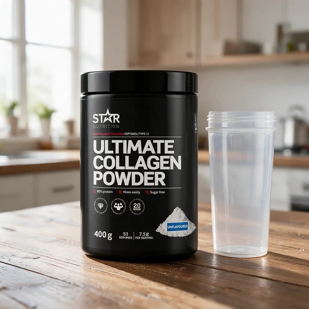Musta Star Nutrition Ultimate Collagen Powder -purkki puisella keittiön pöydällä shakerin vieressä
