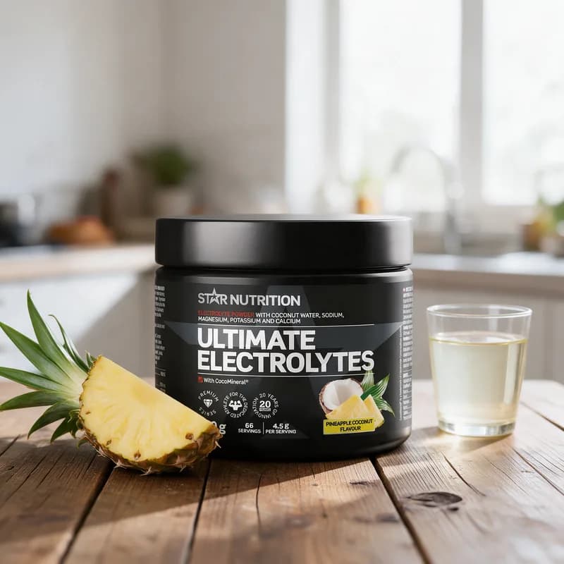 Musta Star Nutrition Ultimate Electrolytes -purkki ananaksen ja kookoksen kuvalla puisella keittiön pöydällä