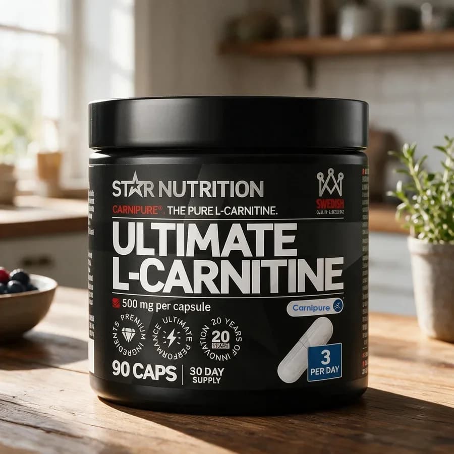 Star Nutrition Ultimate L-Carnitine -kapselipurkki puisella keittiötasolla ikkunan edessä
